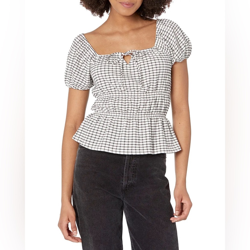 Madewell Black and White Gingham Peplum Puff Sleeve Blouse